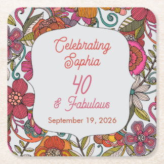 Dessous-de-verre Carré En Papier Assiette de fête florale 40e anniversaire