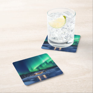 Dessous-de-verre Carré En Papier Aurora borealis au-dessus du cabine d'hiver