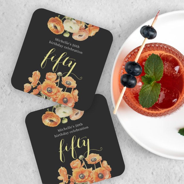 Dessous-de-verre Carré En Papier Automne 50e fête d'anniversaire Orange Floral (Créateur téléchargé)