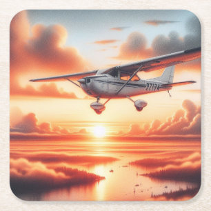 Dessous-de-verre Carré En Papier Avion Cessna très Cool dans l'air au coucher du so