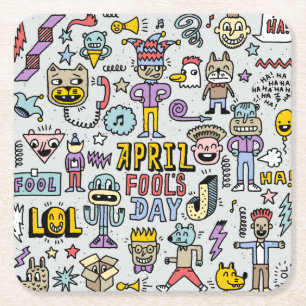 Dessous-de-verre Carré En Papier Avril Fools : Jeu de Doodles Colorés.
