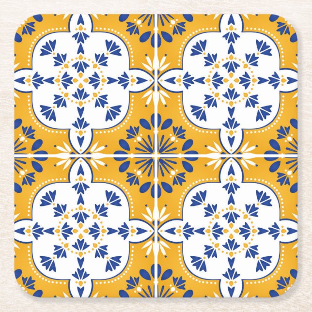 Dessous-de-verre Carré En Papier Azulejos Portugais Carrelage blanc moutarde jaune  (Devant)