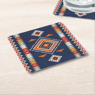 Dessous-de-verre Carré En Papier Azur Navy et Terracotta Tribal Géométrique 