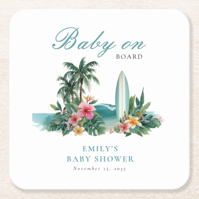 Dessous-de-verre Carré En Papier Baby On Board Surf Beach Baby Shower (Devant)