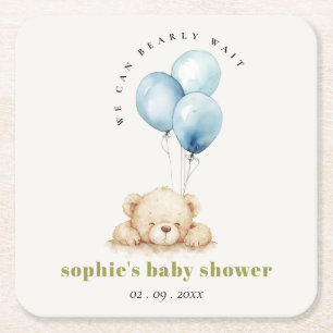 Dessous-de-verre Carré En Papier Baby shower à ballon d'attente bleu minimal