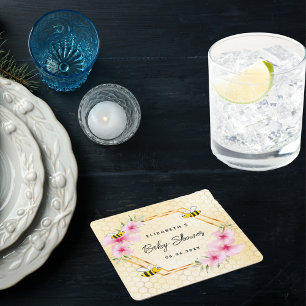 Dessous-de-verre Carré En Papier Baby shower abeilles nid d'abeille fleurs roses