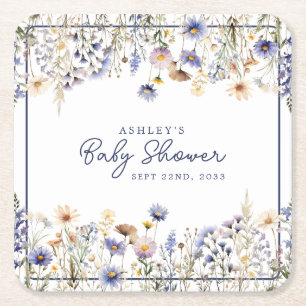 Dessous-de-verre Carré En Papier Baby Shower aquarelle bohème à la fleur bleue sauv
