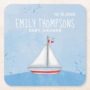 Dessous-de-verre Carré En Papier Baby shower Aquarelle Nautique navire Whimsical