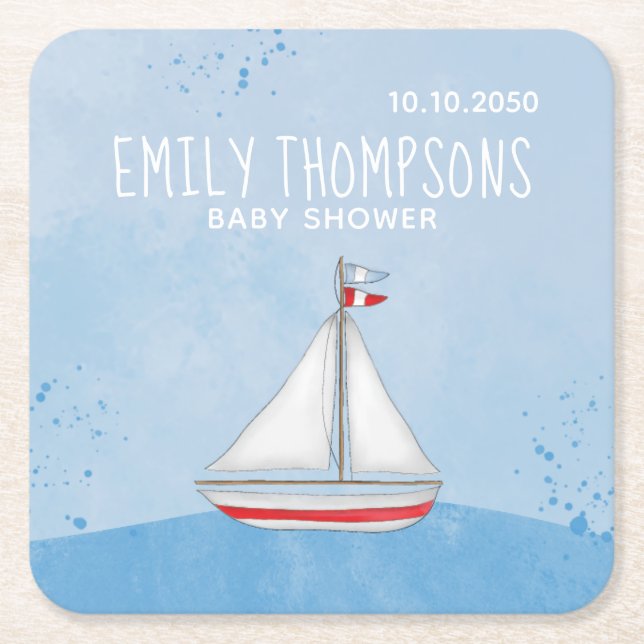 Dessous-de-verre Carré En Papier Baby shower Aquarelle Nautique navire Whimsical (Devant)