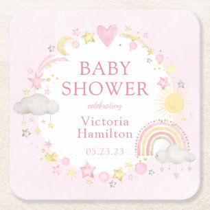 Dessous-de-verre Carré En Papier Baby shower arc-en-ciel de la fille aquarelle