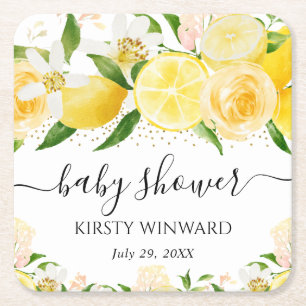 Dessous-de-verre Carré En Papier Baby-Shower aux citrons et fleurs à l'aquarelle