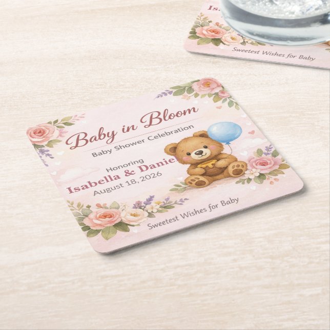 Dessous-de-verre Carré En Papier Baby Shower Coasters | Baby in Bloom Bear (Incliné)