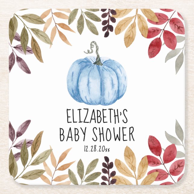 Dessous-de-verre Carré En Papier Baby shower d'automne Citrouille bleu (Devant)