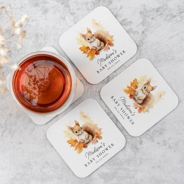 Dessous-de-verre Carré En Papier Baby shower d'automne d'écureuil en bois mignon (Créateur téléchargé)