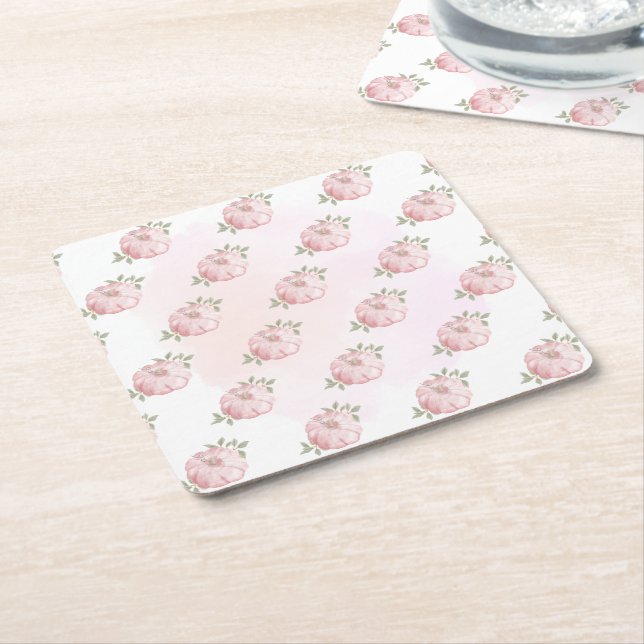 Dessous-de-verre Carré En Papier Baby shower d'automne rose petit Motif Citrouille (Incliné)