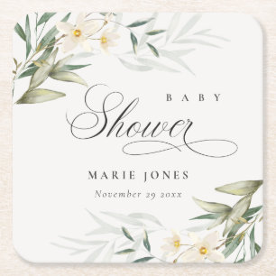 Dessous-de-verre Carré En Papier Baby shower de Bunch Floral Rustique Blanc