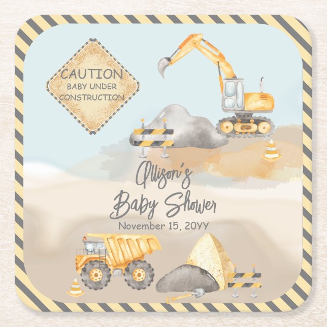 Dessous-de-verre Carré En Papier Baby shower de camion de construction (Devant)