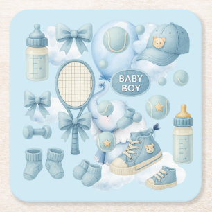 Dessous-de-verre Carré En Papier Baby shower de tennis pour bébé garçon thème bleu