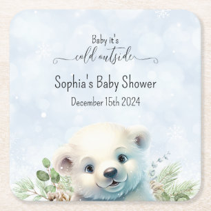 Dessous-de-verre Carré En Papier Baby shower d'hiver de l'ours polaire bleu