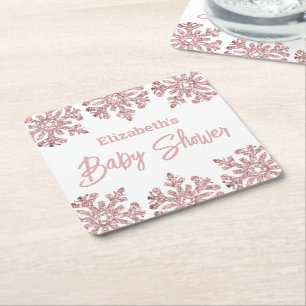 Dessous-de-verre Carré En Papier Baby shower d'hiver Pink Rose Gold Snowflake