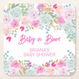 Dessous-de-verre Carré En Papier Baby Shower Fille Fleur Rose