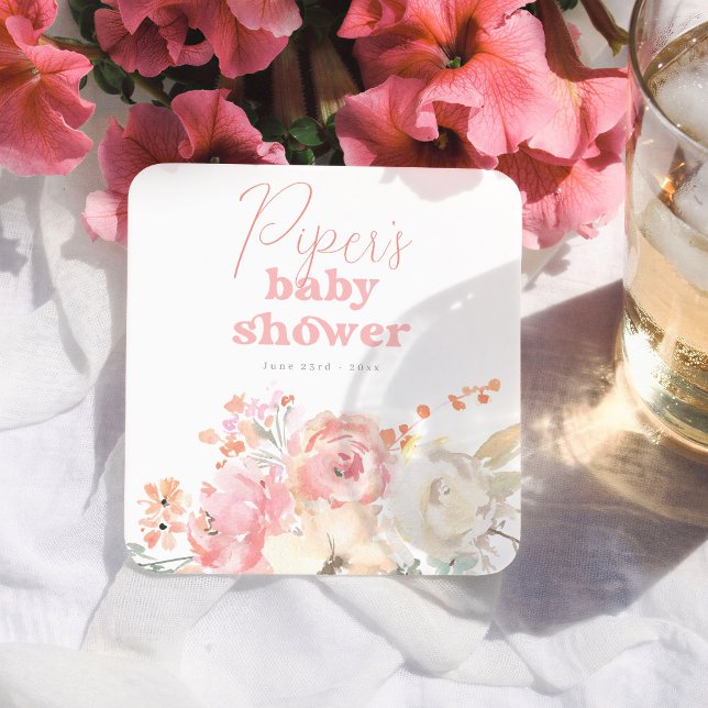 Dessous-de-verre Carré En Papier Baby Shower Fille Rose Floral Rétro (Créateur téléchargé)