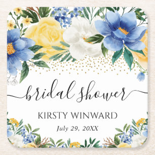 Dessous-de-verre Carré En Papier Baby Shower Fleurs Bleues et Jaunes Aquarelle