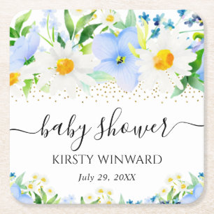 Dessous-de-verre Carré En Papier Baby Shower Fleurs Bleues et Pâquerettes Aquarelle