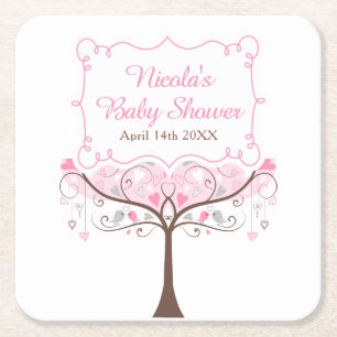 Dessous-de-verre Carré En Papier Baby Shower Fleurs Roses Oiseaux