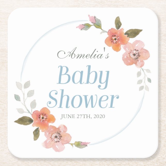 Dessous-de-verre Carré En Papier Baby shower floral d'aquarelle bleu délicat (Devant)