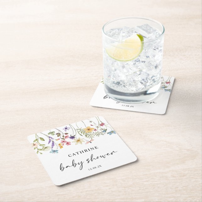 Dessous-de-verre Carré En Papier Baby shower Floral Fleur sauvage (En situation)