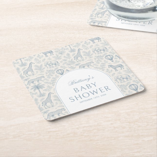 Dessous-de-verre Carré En Papier Baby shower Garçon bleu Toile De Jouy Safari (Incliné)