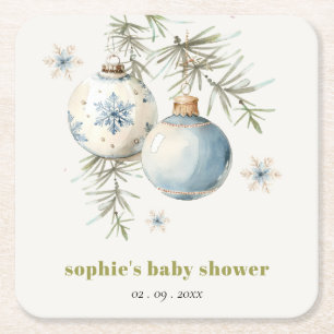 Dessous-de-verre Carré En Papier Baby shower Garçon de Noël Bleu Minimal d'hiver