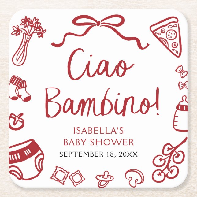 Dessous-de-verre Carré En Papier Baby shower Italien Pizza Ciao Bambino (Devant)