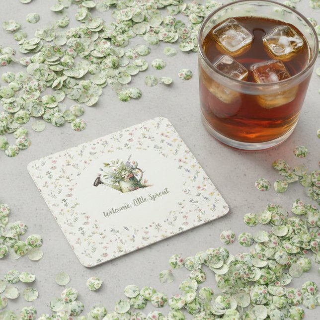 Dessous-de-verre Carré En Papier Baby Shower - "Little Sprout" Floral (Sweet garden baby shower drink coaster)