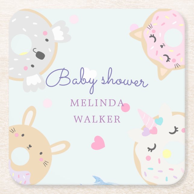 Dessous-de-verre Carré En Papier baby shower monogramme de beignes animaux mignons (Devant)