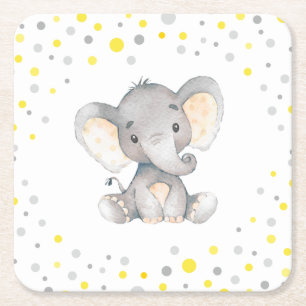 Dessous-de-verre Carré En Papier Baby shower neutre d'éléphant gris jaune