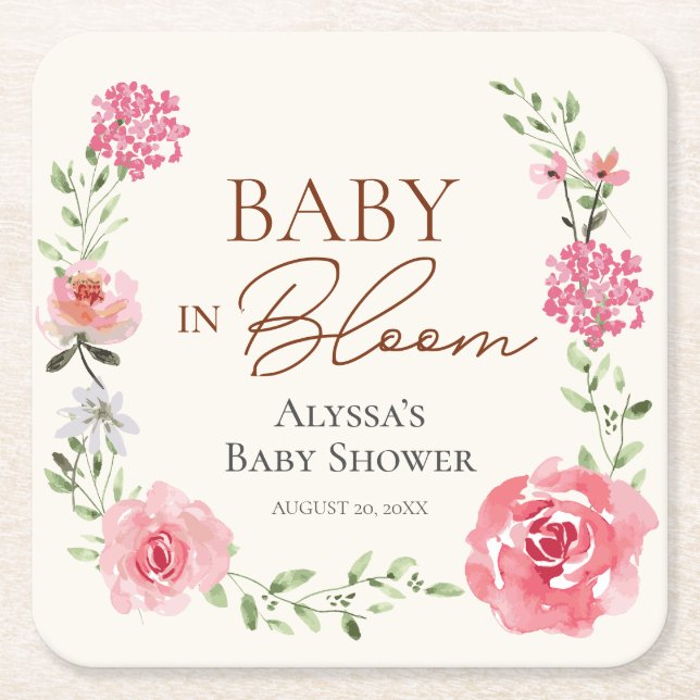 Dessous-de-verre Carré En Papier Baby shower personnalisé pour bébé en fleurs (Devant)