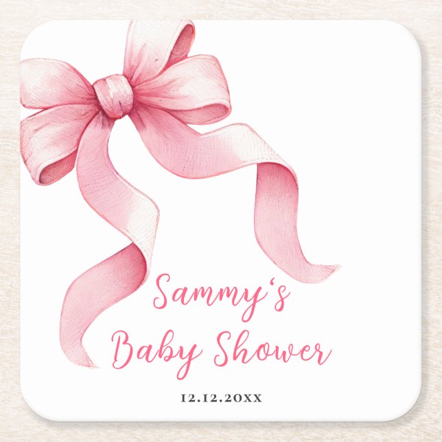 Dessous-de-verre Carré En Papier Baby shower rose Coquette Bow (Devant)