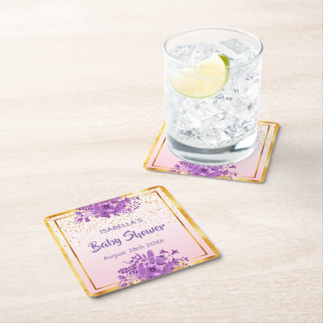 Dessous-de-verre Carré En Papier Baby shower rose or violet fleurons nom (En situation)