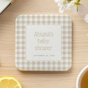 Dessous-de-verre Carré En Papier Baby Shower Rustique à Carreaux Gingham Beige