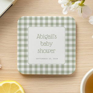 Dessous-de-verre Carré En Papier Baby Shower Rustique à Carreaux Vichy Vert Sauge