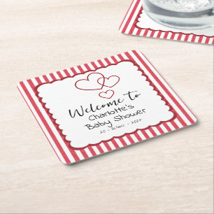 Dessous-de-verre Carré En Papier Baby Shower Triple Cœurs Bandes de Craie Rouge Mod