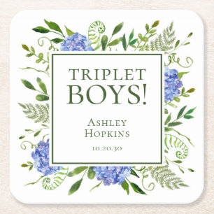 Dessous-de-verre Carré En Papier Baby shower Triplet Boys Blue Hydrangeas