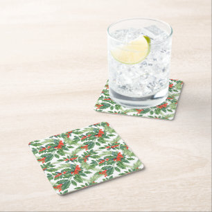 Dessous-de-verre Carré En Papier Baies Rouges et Houx Vert Floral Noël Fêtes