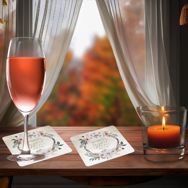 Dessous-de-verre Carré En Papier Baigne de mariée floral automnal bohème assourdi (Boho Muted Fall Floral and Grapevine Wreath "Fall in Love" Bridal Shower Collection Coasters)