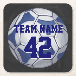 Dessous-de-verre Carré En Papier Bal de soccer bleu et blanc Nom et numéro