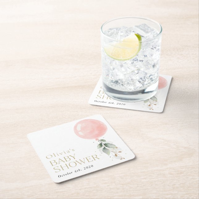 Dessous-de-verre Carré En Papier Balcon rose, Eucalyptus, Verdure, Baby shower (En situation)