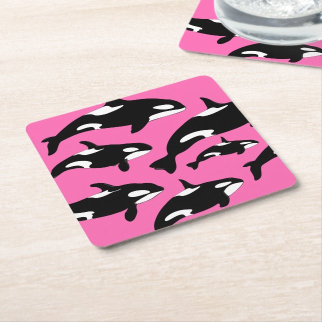 Dessous-de-verre Carré En Papier Baleines d'Orca en rose (Incliné)