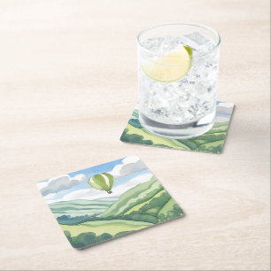 Dessous-de-verre Carré En Papier Ballon à Air Chaud   Paysage à l'Aquarelle Verte